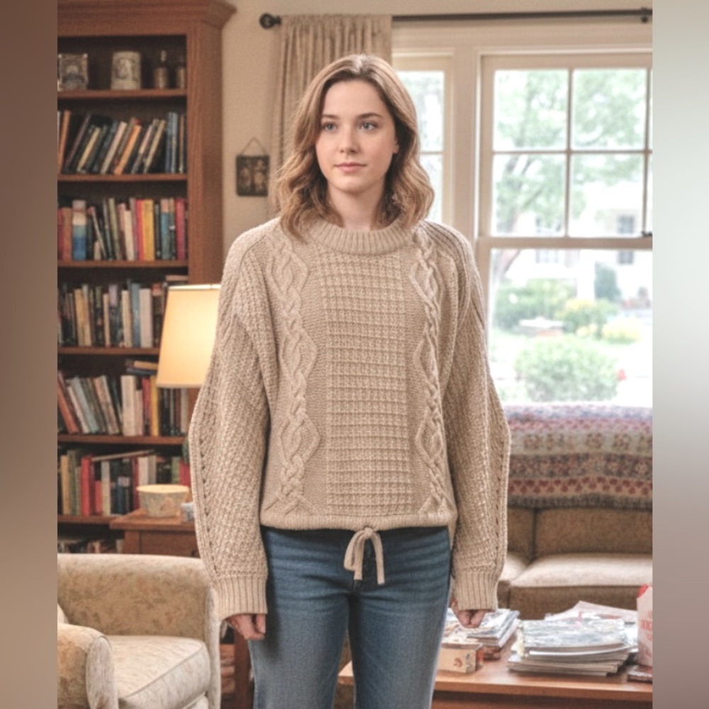 Gianni Bini Chunky Knit Crochet Cream Sweater Cropped Oversized Size Medium